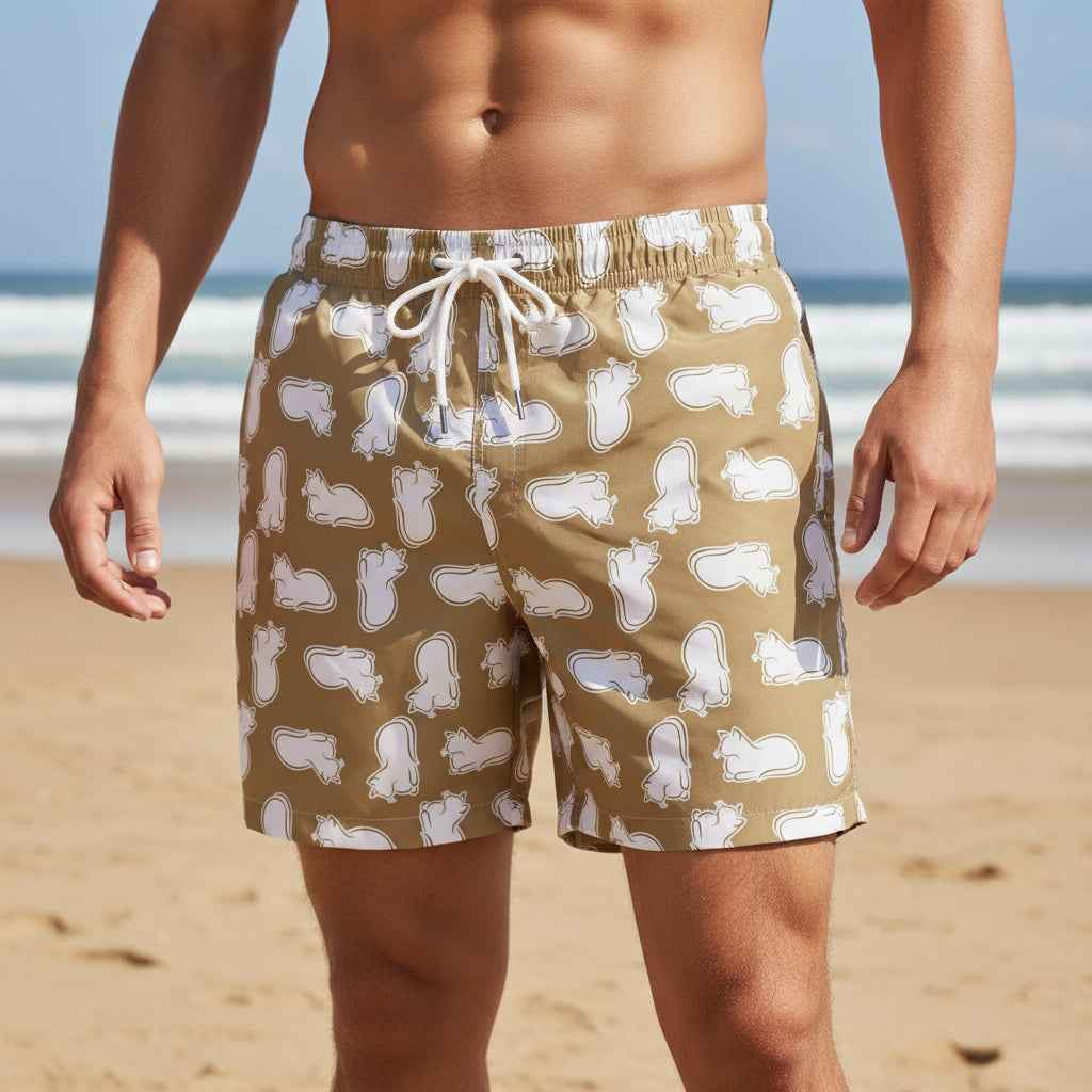 Laid-Back Cat Chaos Swim Trunks – Sand Tone Minimalist Print, Casual Beach Shorts