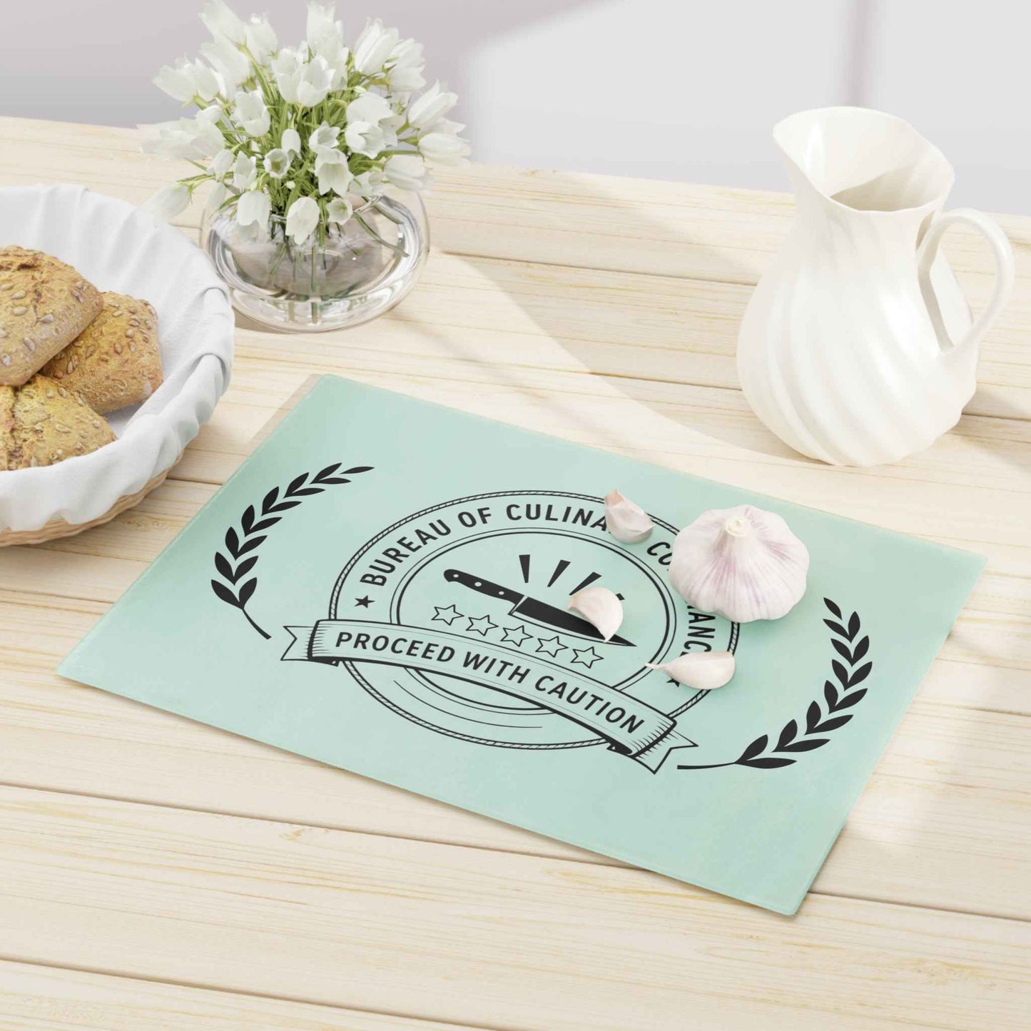 Bureau of Culinary Compliance Cutting Board – “Proceed With Caution” Glass Board