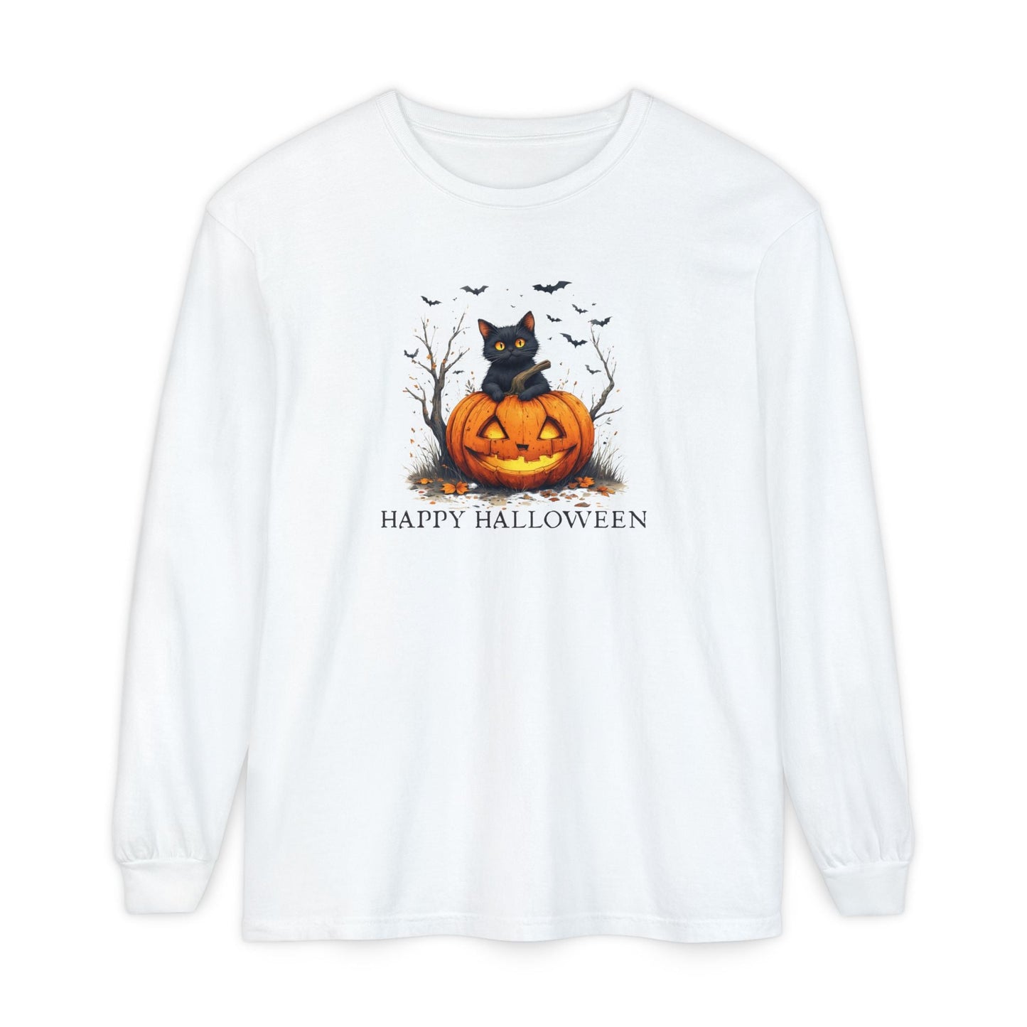 Happy Halloween Cat Long Sleeve Tee for Festive Cat Lovers