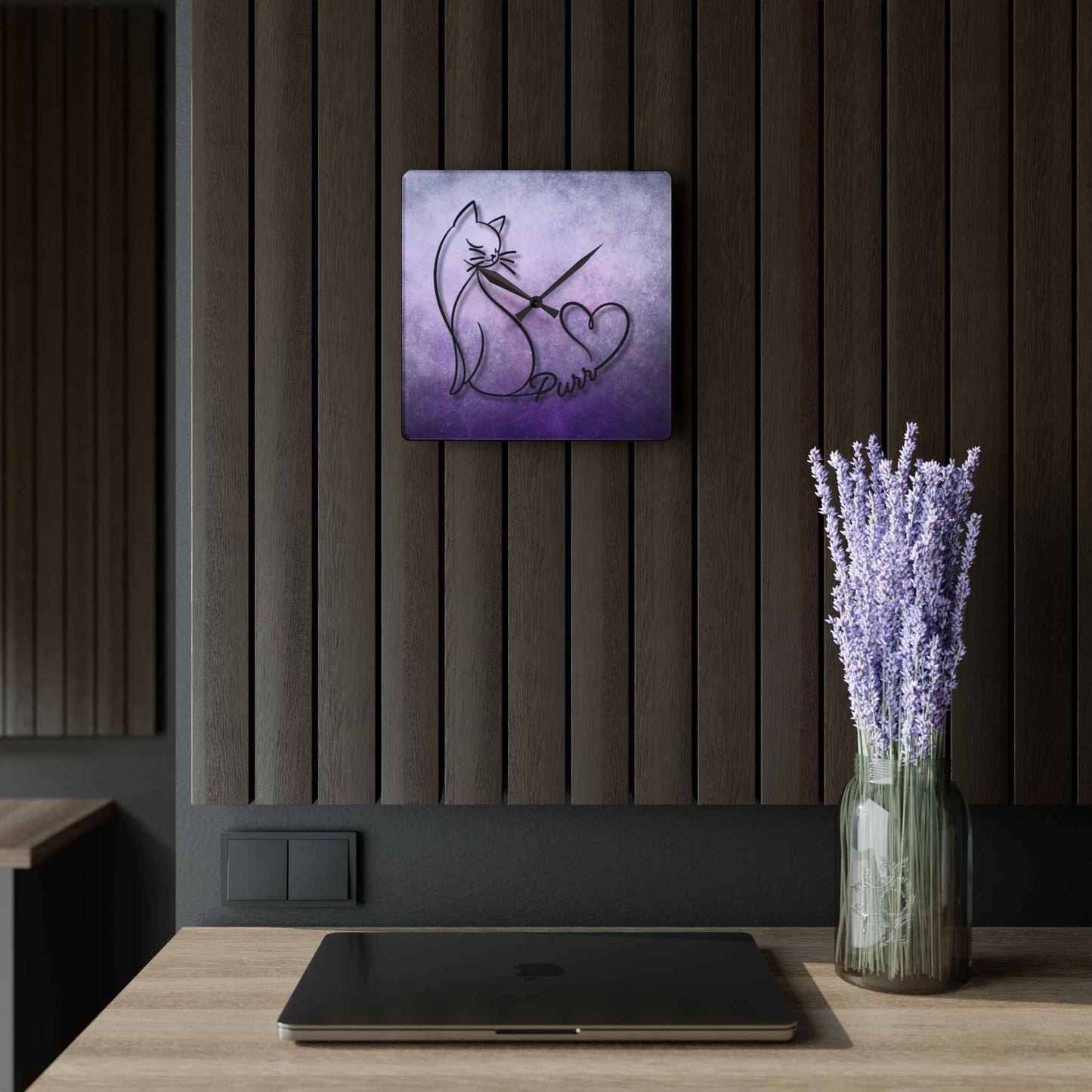 Purr Cat Heart Acrylic Wall Clock – Minimalist Cat Lover Decor