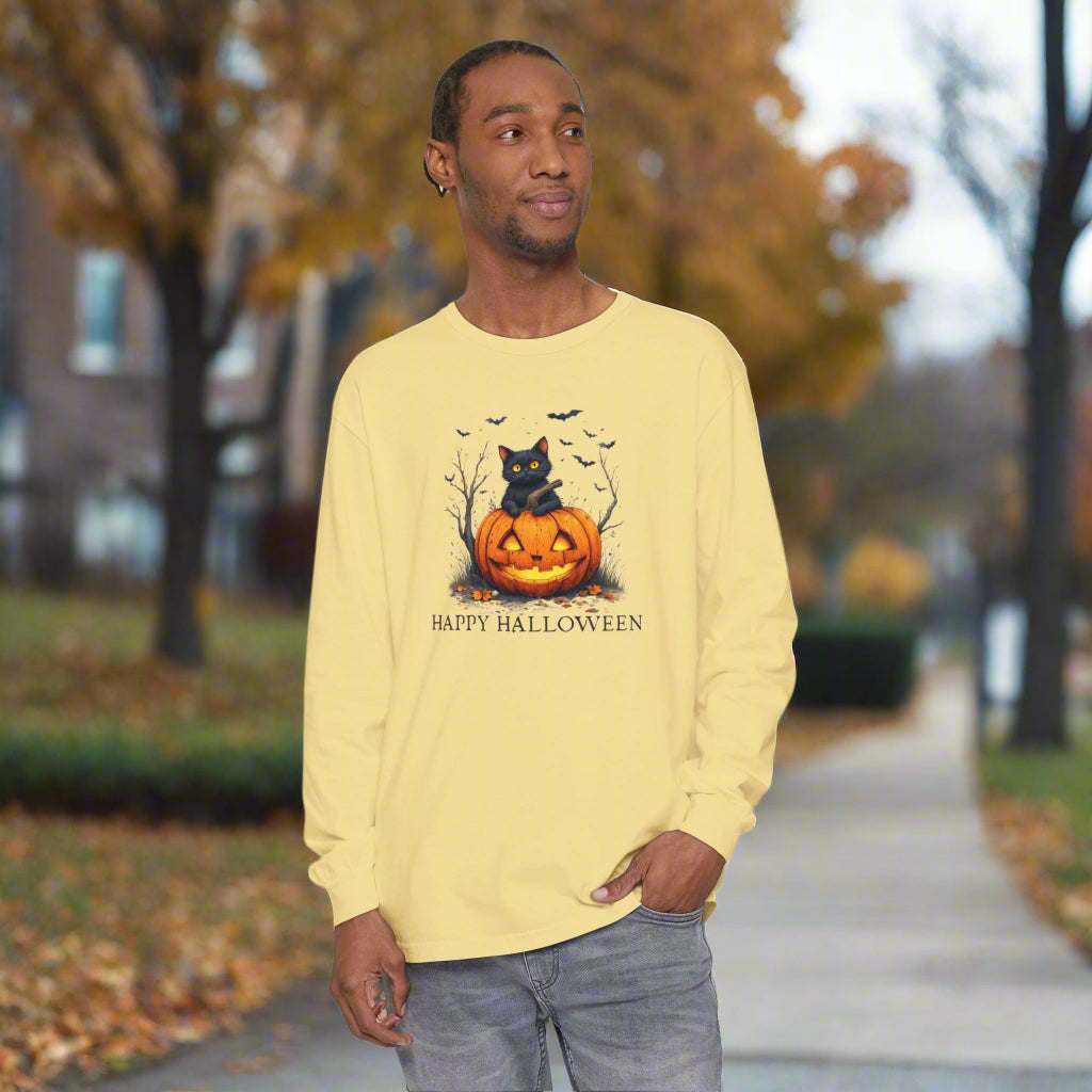 Happy Halloween Cat Long Sleeve Tee for Festive Cat Lovers