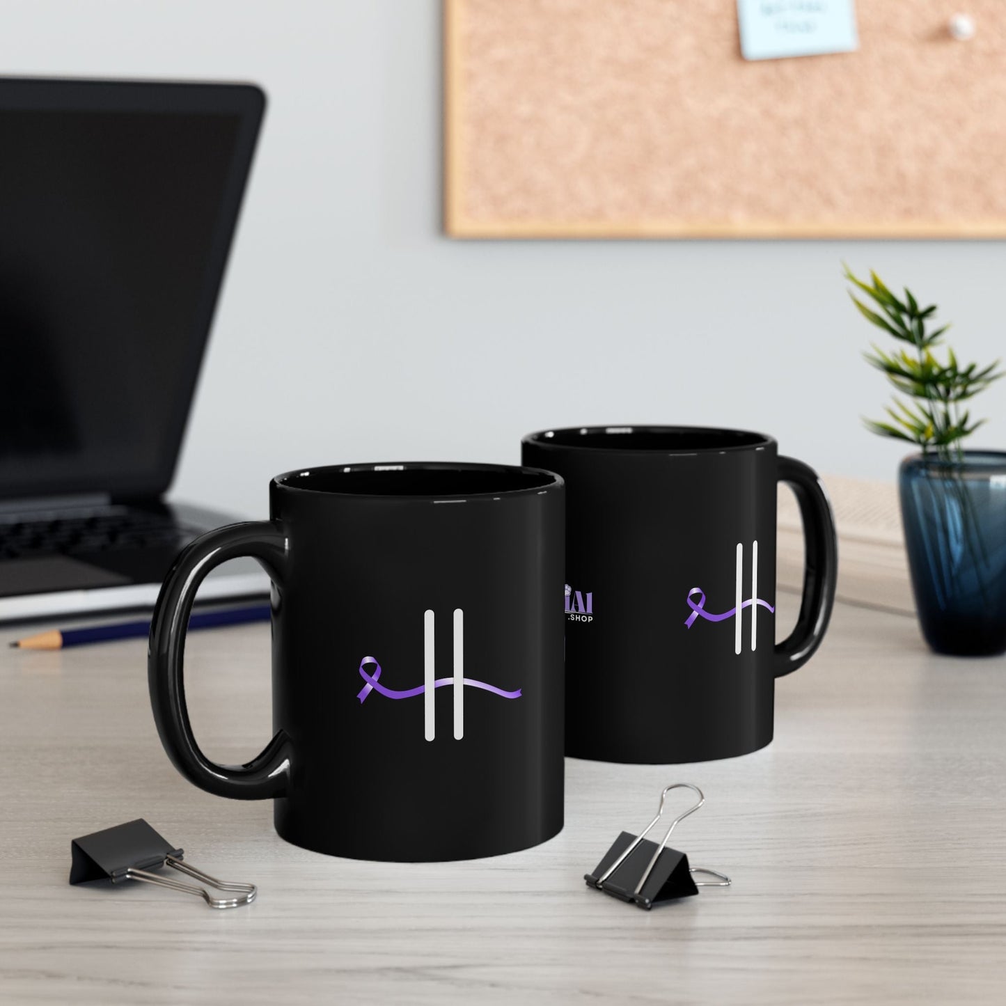 Pause for Epilepsy Awareness Purple Ribbon Black Ceramic Mug (11oz & 15oz)