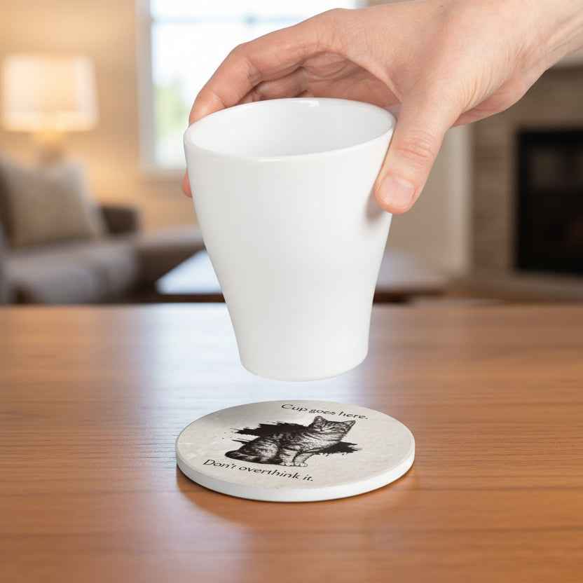 “Cup Goes Here” Cat Coaster — Instructions, Clearly Labeled