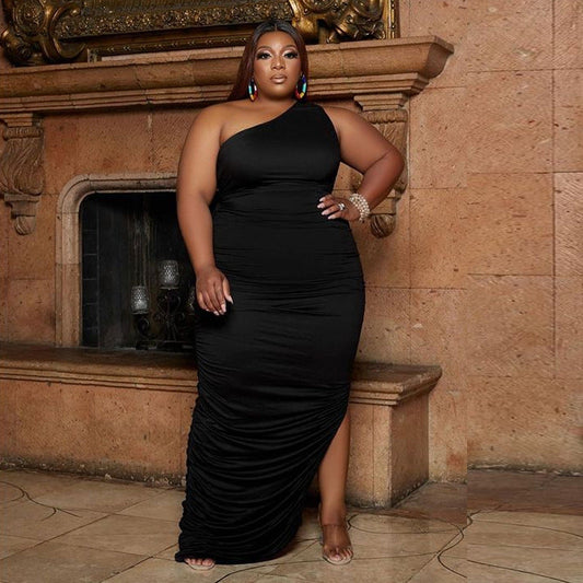 Plus Size Women's One Shoulder Irregular Pleated Dress