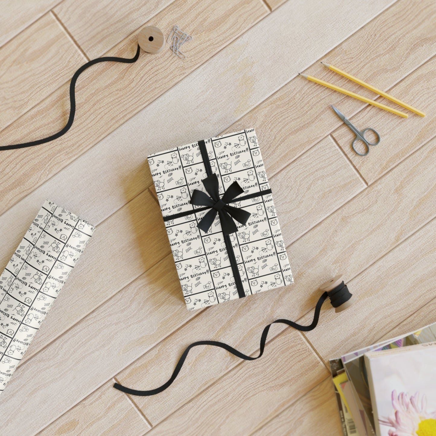 Sketched Puppies & Kitties Birthday Gift Wrap Roll for Adorable Presents