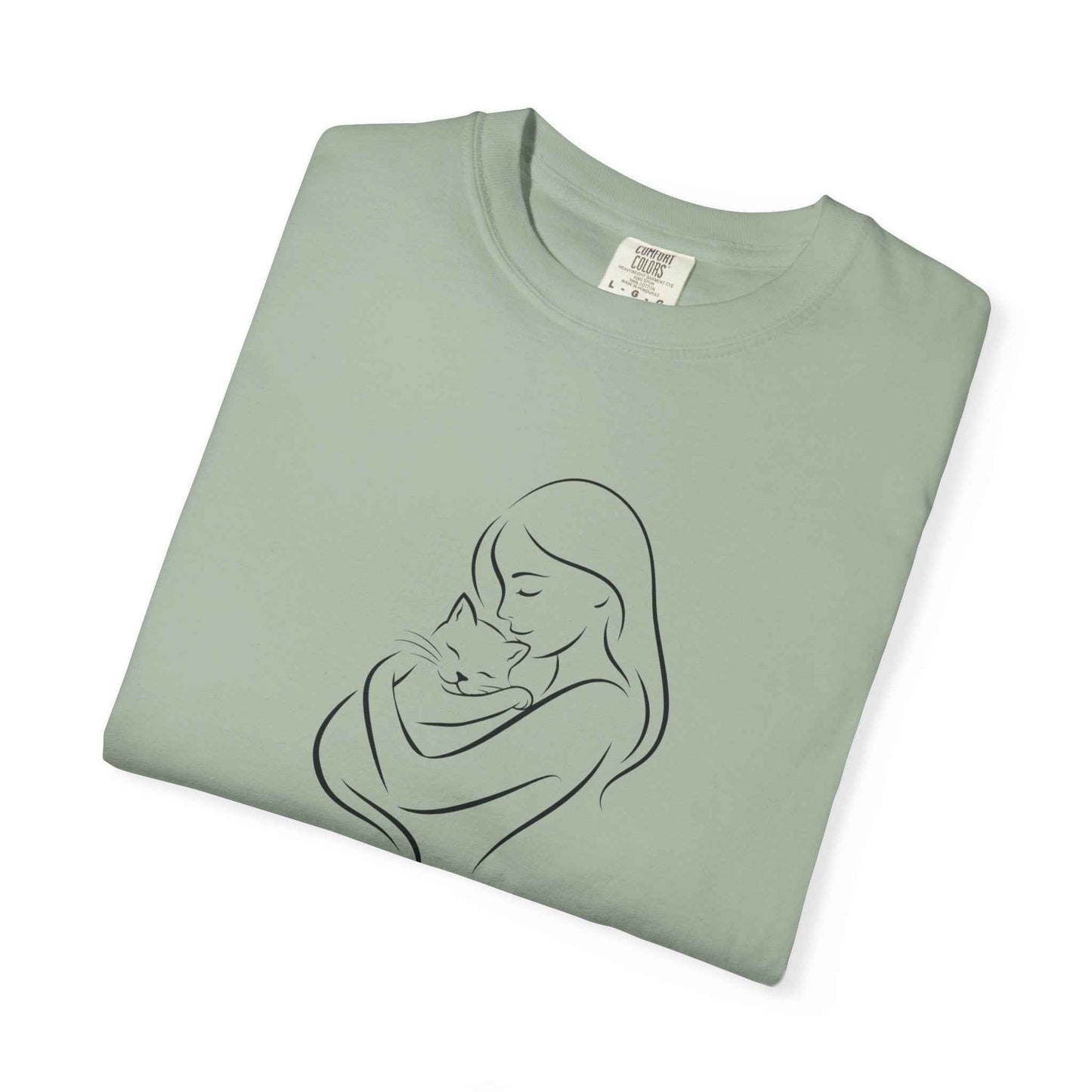 Mother & Cat Embrace T-Shirt | Minimal Line Art Cat Mom Shirt