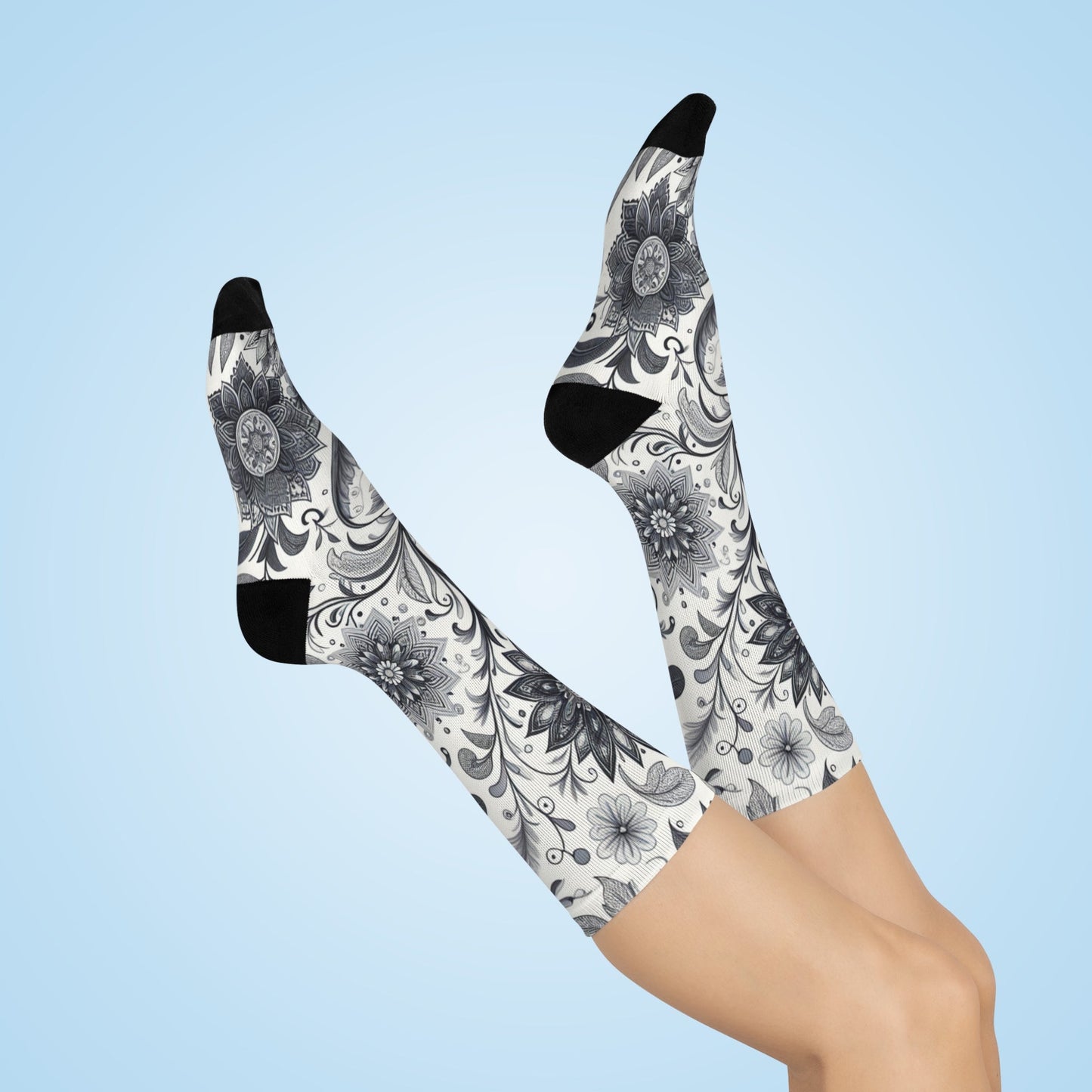 Floral Pattern Cushioned Crew Socks, Cozy Footwear for Relaxation, Gifts for Her, Everyday Comfort Socks, Unique Sock Design