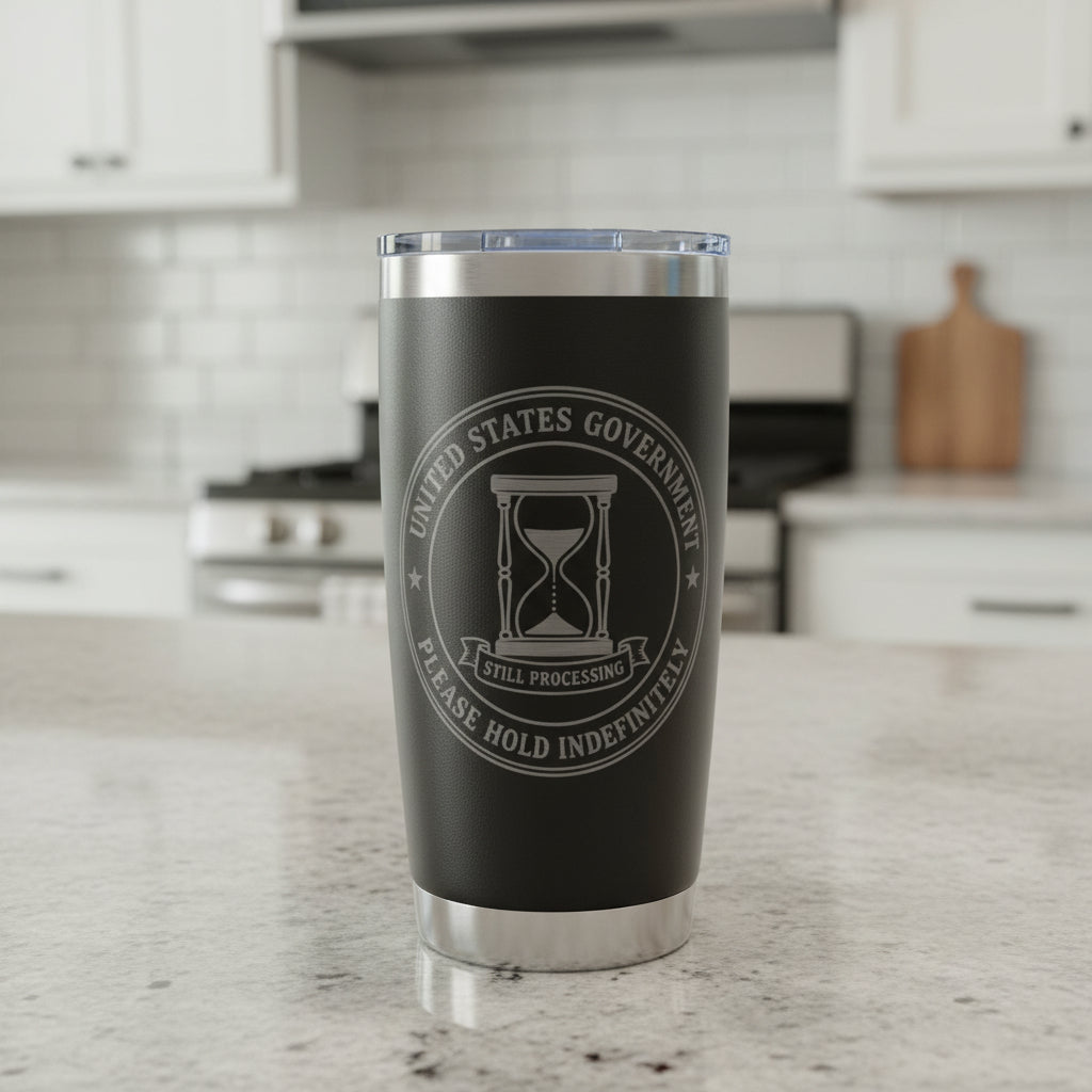 United States Government “Please Hold Indefinitely” Engraved 20oz Stainless Steel Tumbler