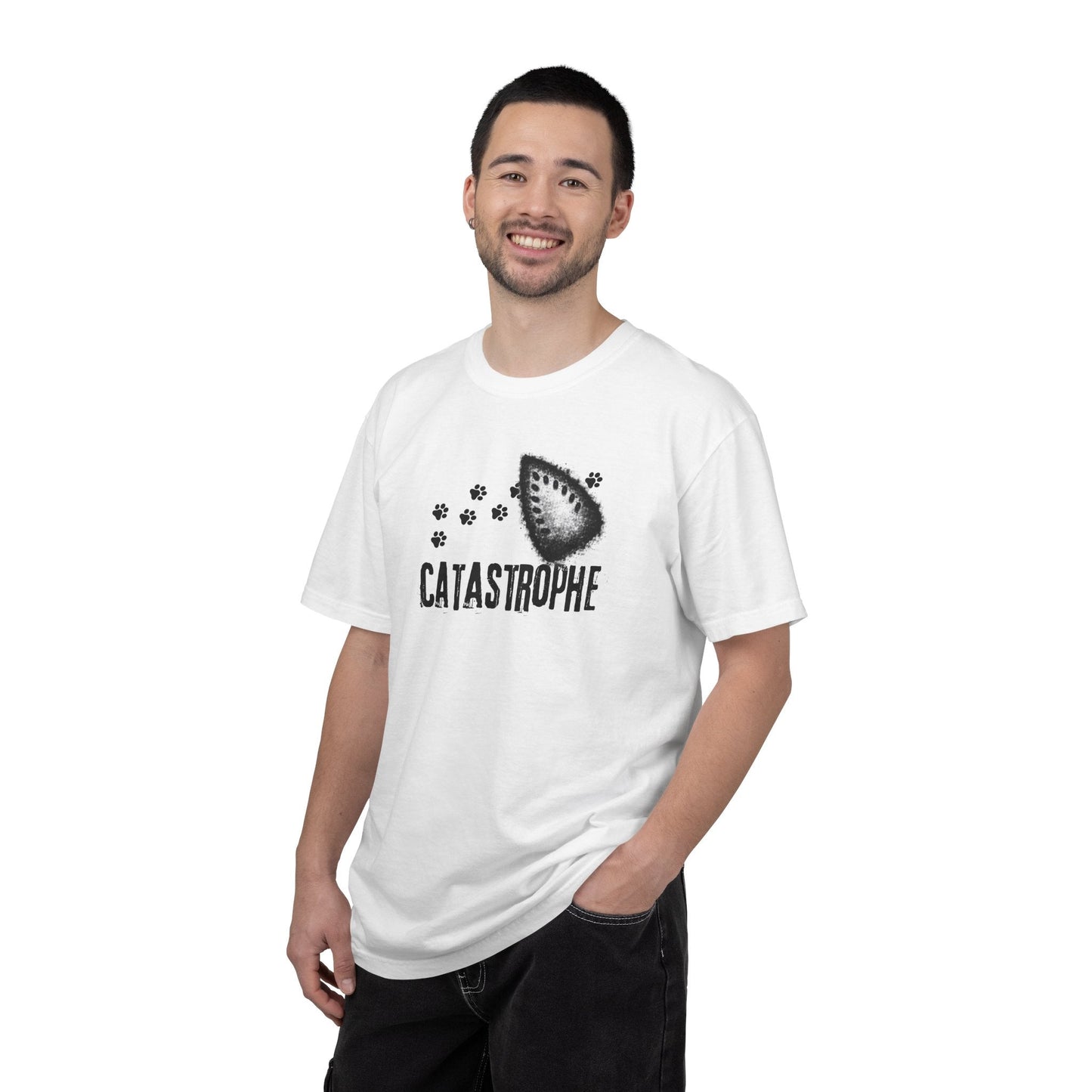Catastrophe Iron Burn Graphic T-Shirt | Funny Cat Pun Shirt | Distressed Grunge Cat Tee