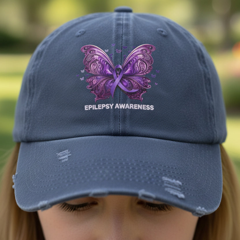 Epilepsy Awareness Butterfly Distressed Hat – Purple Ribbon Awareness Cap