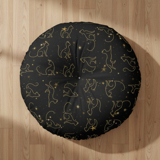 Gold Foil Line-Art Cats Tufted Floor Pillow – Black