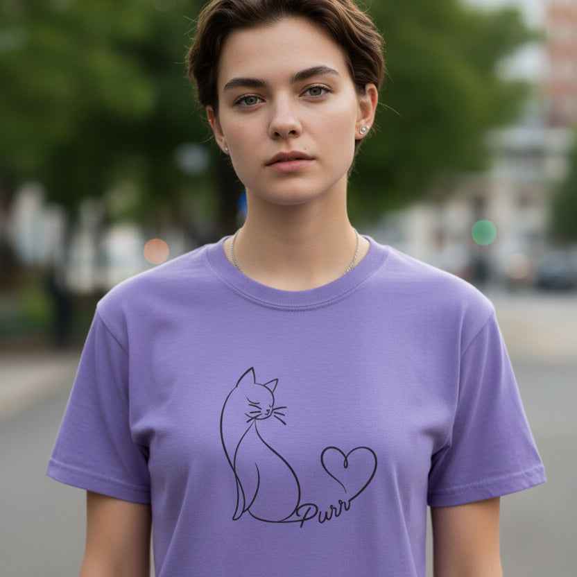 Purr Line Art Cat Unisex T-Shirt | Minimal Cat Lover Tee with Heart Tail