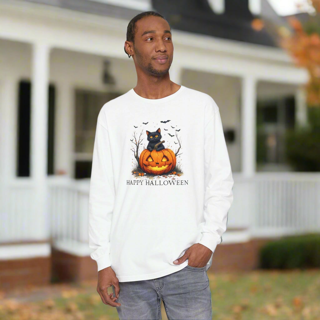 Happy Halloween Cat Long Sleeve Tee for Festive Cat Lovers