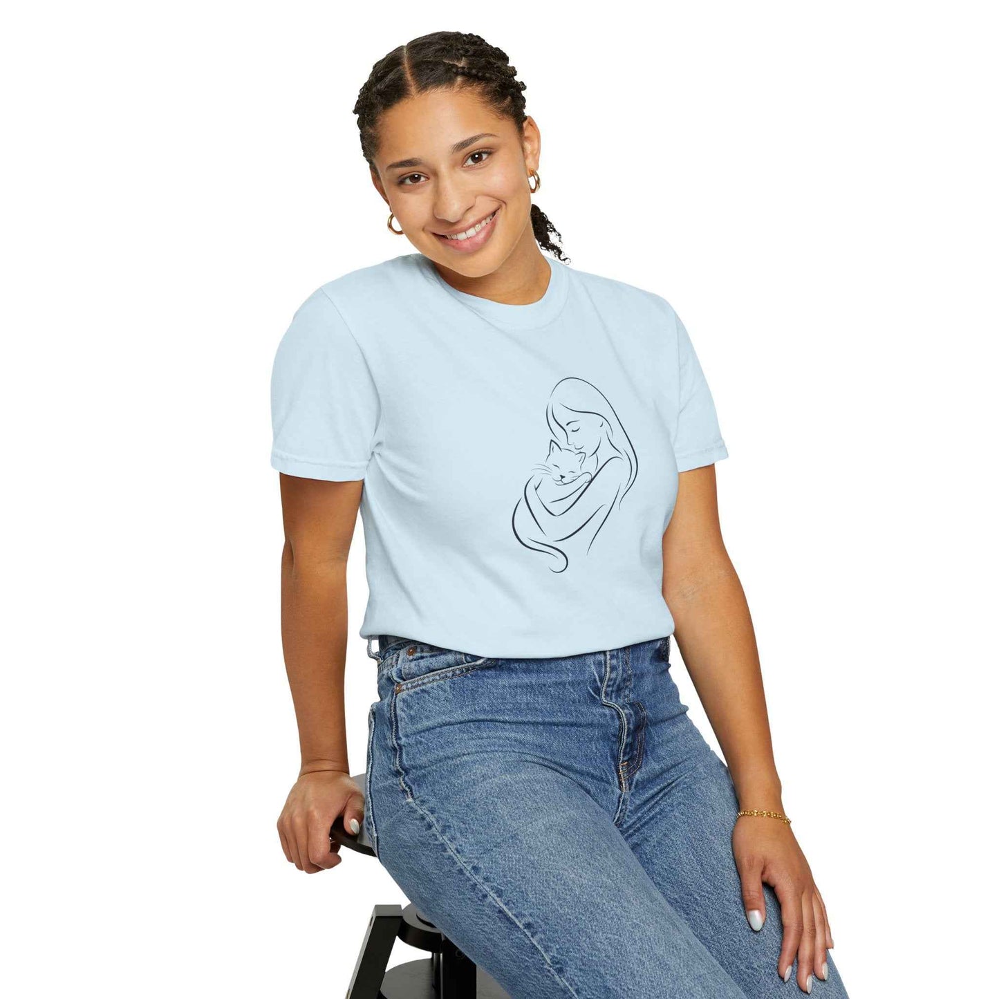 Mother & Cat Embrace T-Shirt | Minimal Line Art Cat Mom Shirt