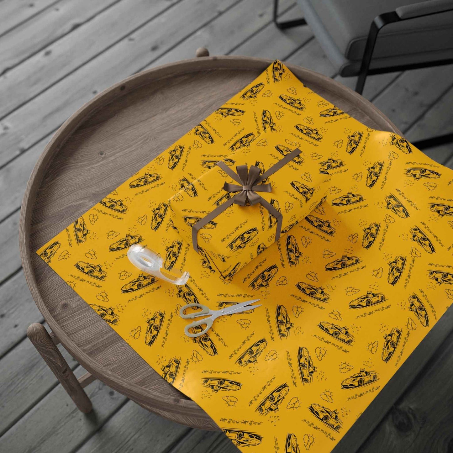 Zoomies Road Trip Cat Wrapping Paper – Golden Sketch Gift Wrap with Racing Cat Design