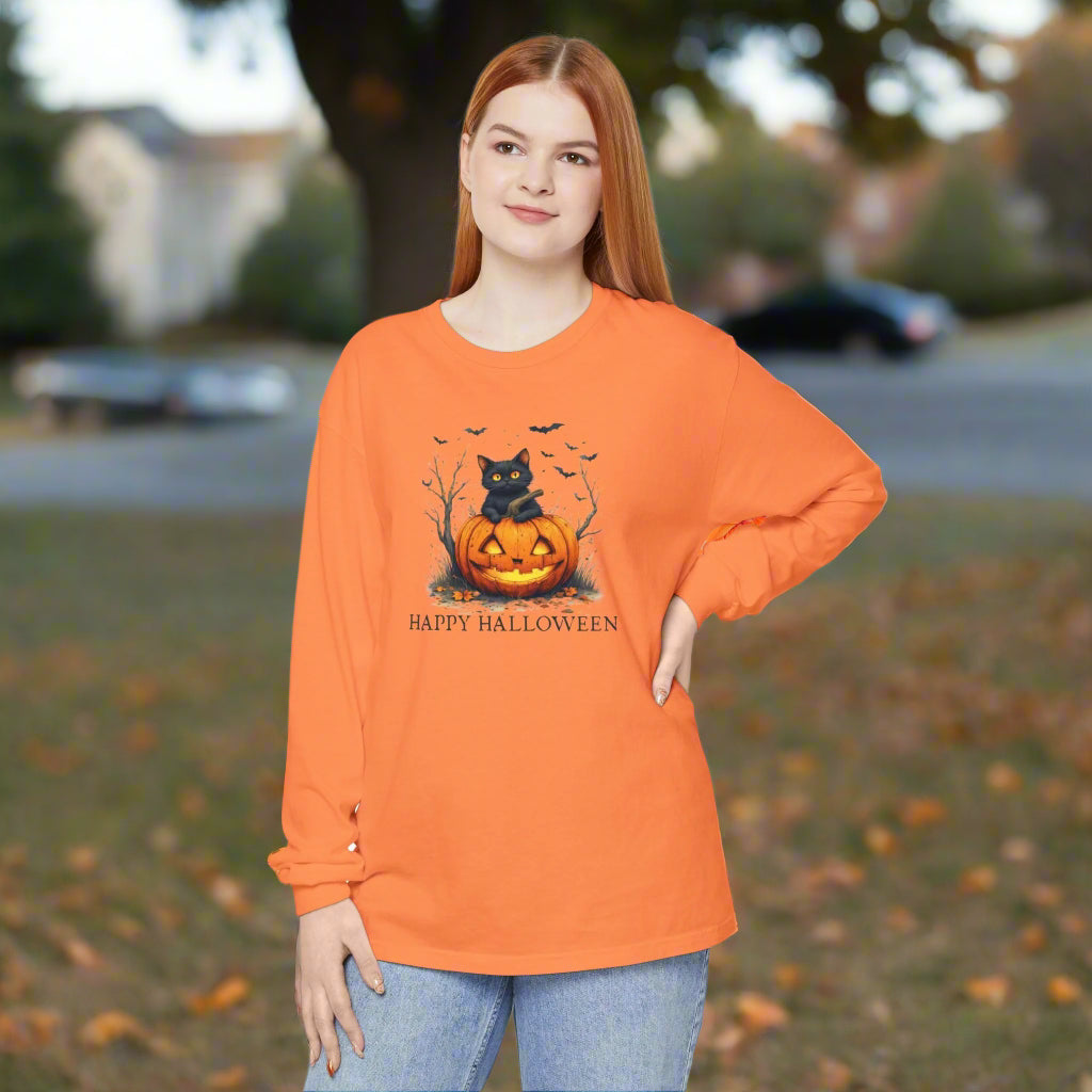 Happy Halloween Cat Long Sleeve Tee for Festive Cat Lovers