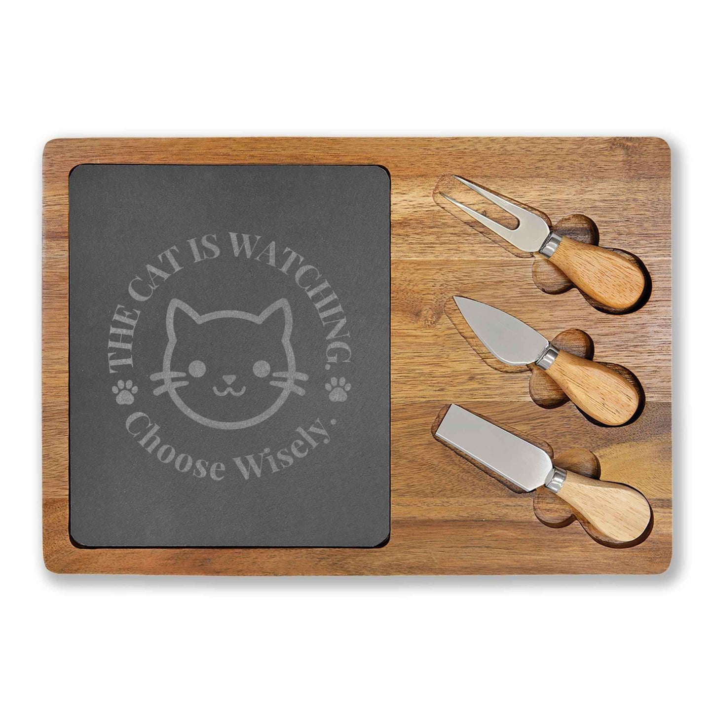 Engraved Cat Charcuterie Board — The Cat Is Watching, Choose Wisely