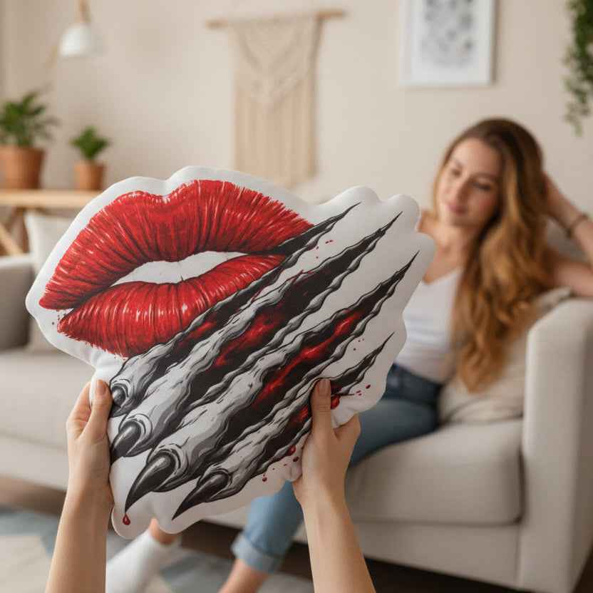 Kiss & Claw Shaped Pillow – Red Lips Slash Accent Pillow (Dark Romance Edition)