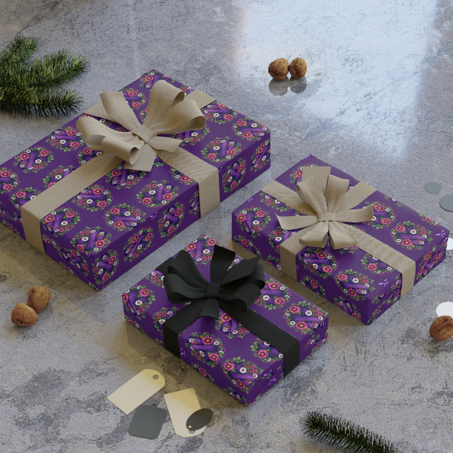 Purple Ribbon & Flowers Gift Wrap Paper Roll for Epilepsy Awareness