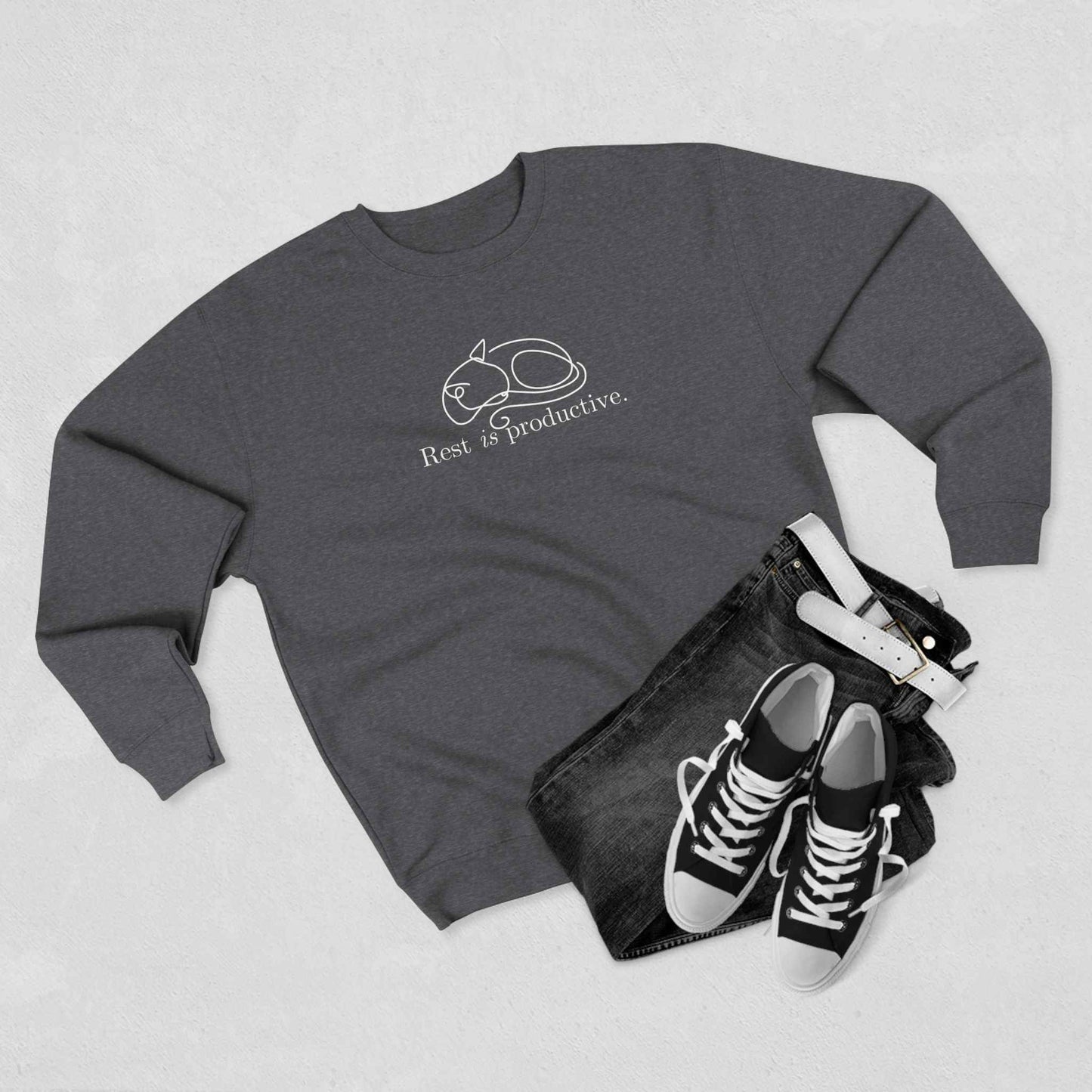 “Rest Is Productive” Minimalist Cat Sweatshirt – Comfort Fleece Pullover