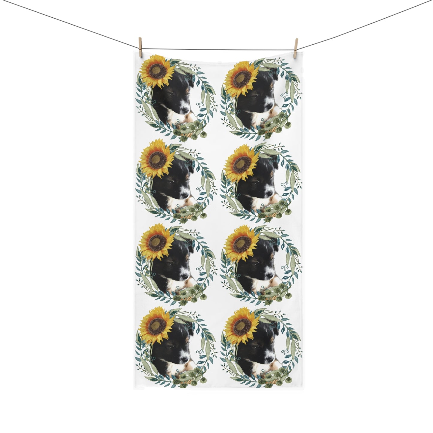 Cute Black Puppy with Sunflower Mink-Cotton Bath Towel