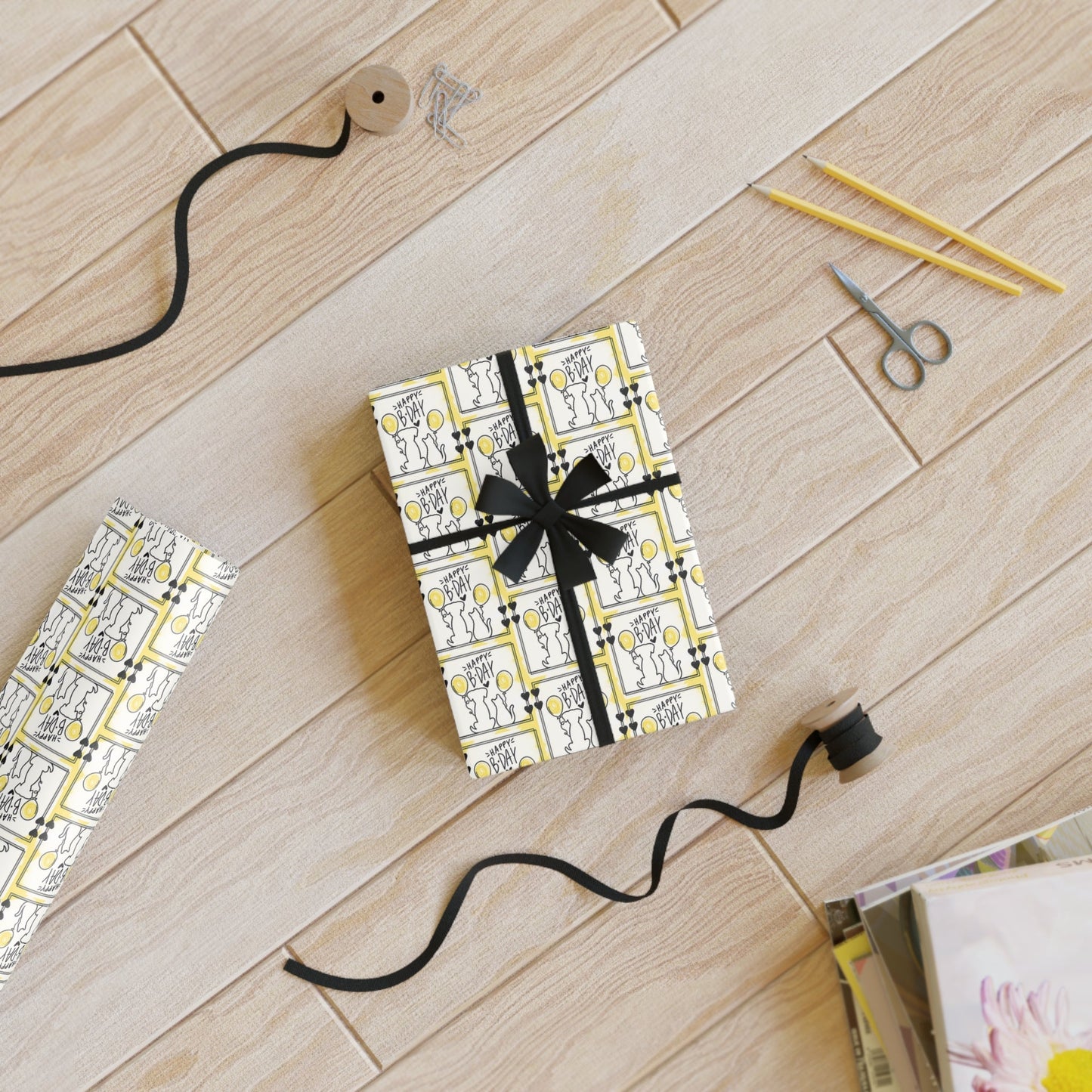 Dog Cat Birthday Wrapping Paper Rolls in Black & Yellow, 1pc