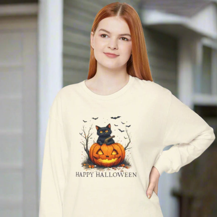 Happy Halloween Cat Long Sleeve Tee for Festive Cat Lovers