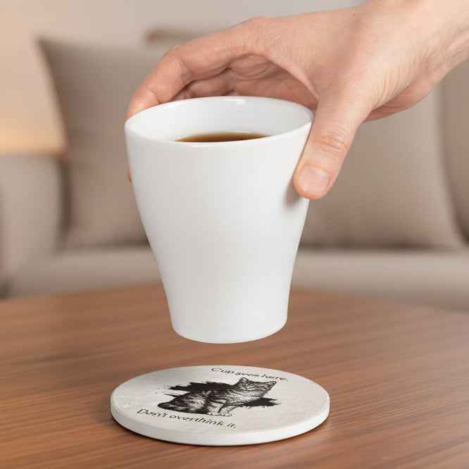 “Cup Goes Here” Cat Coaster — Instructions, Clearly Labeled