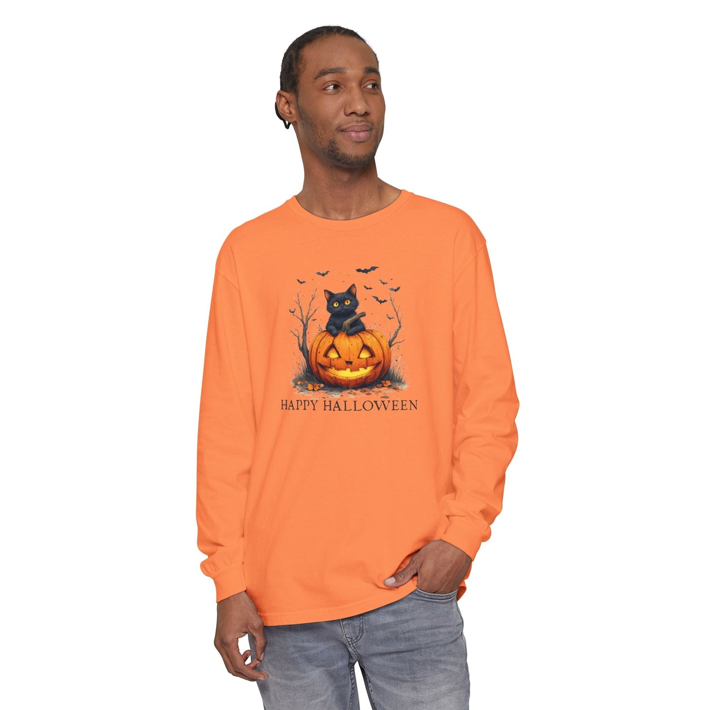 Happy Halloween Cat Long Sleeve Tee for Festive Cat Lovers
