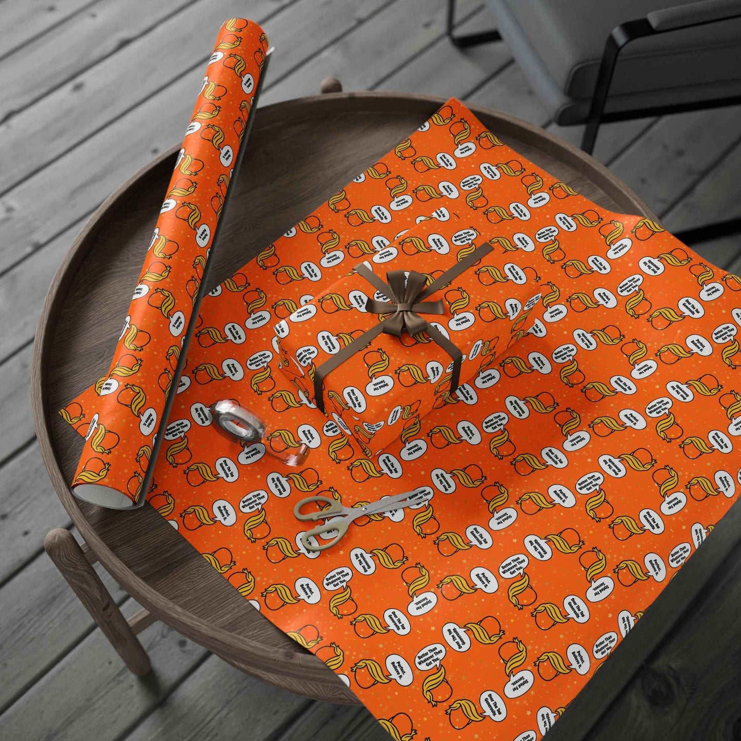 “Styled for Success” Parody Gift Wrap – Blonde Whoosh & Gold Stars