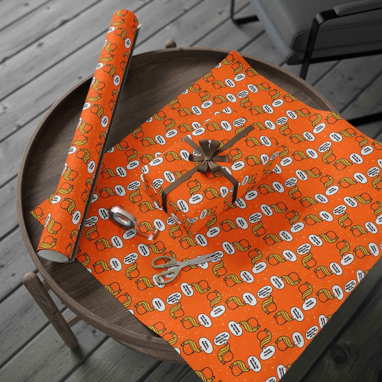 “Styled for Success” Parody Gift Wrap – Blonde Whoosh & Gold Stars