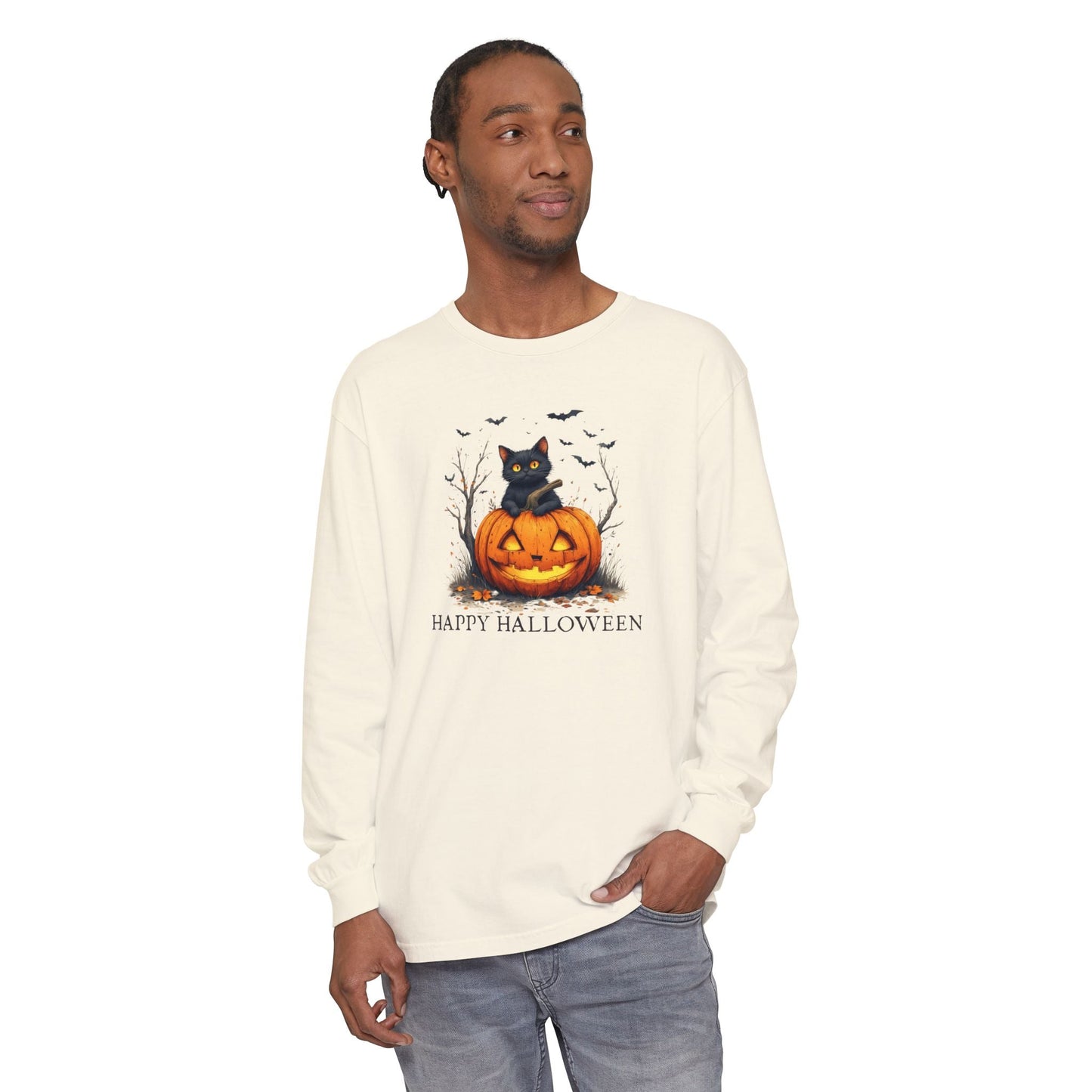 Happy Halloween Cat Long Sleeve Tee for Festive Cat Lovers