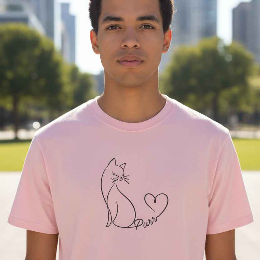 Purr Line Art Cat Unisex T-Shirt | Minimal Cat Lover Tee with Heart Tail