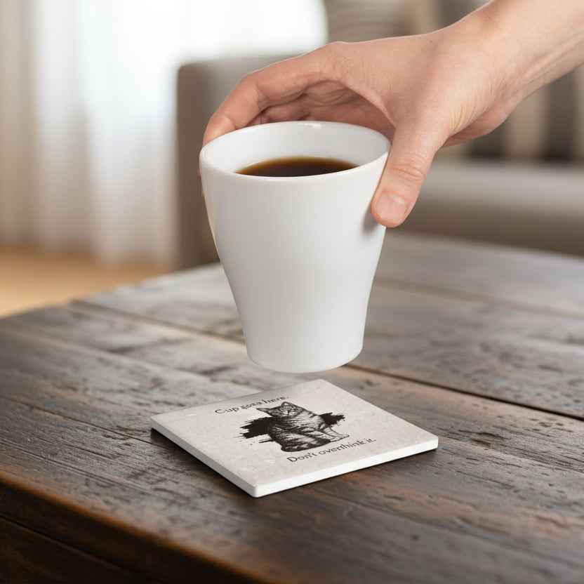 “Cup Goes Here” Cat Coaster — Instructions, Clearly Labeled
