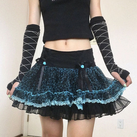 Tight Waist Leopard Print Lace Bow Umbrella Skirt A-Line Skirt Women