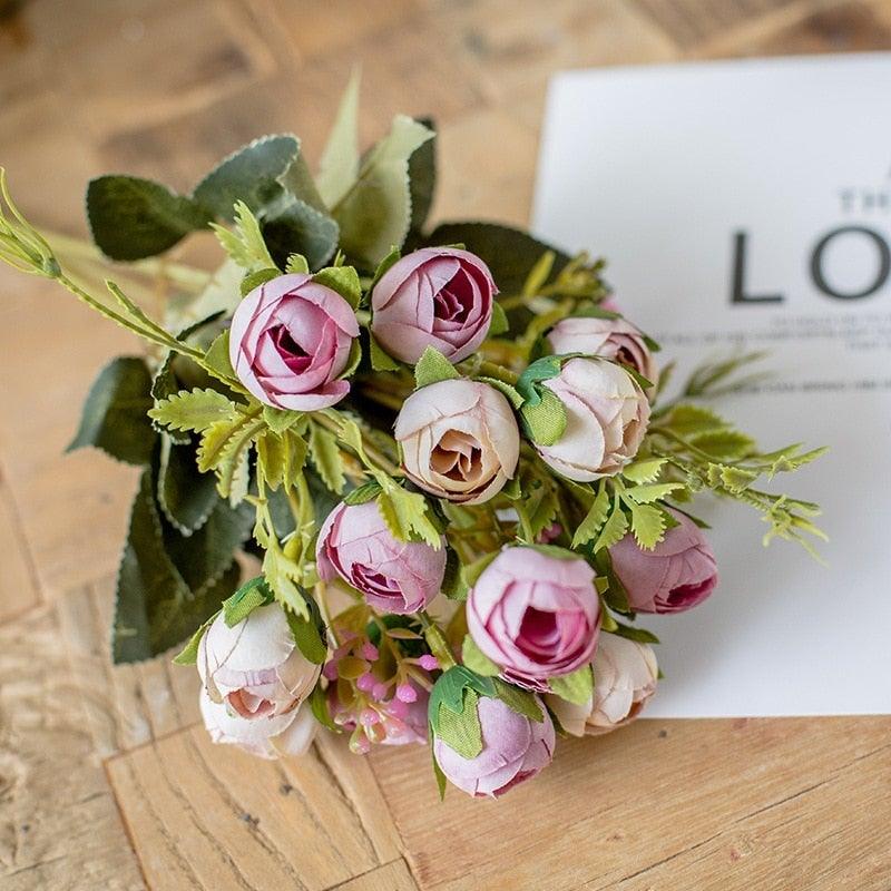15heads/1 bundle Silk Tea Roses Bride Bouquet for Christmas Home Wedding New Year Decoration Fake Artificial Flowers Home Decor
