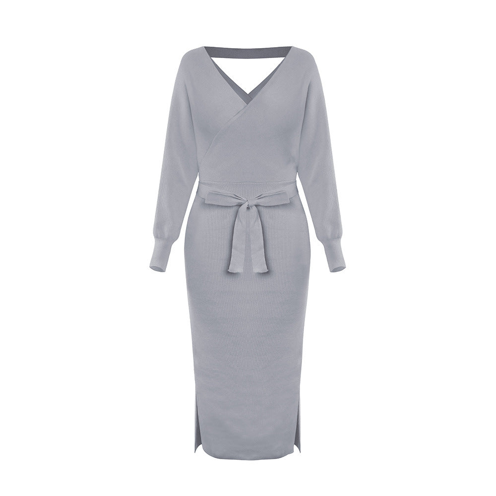 new SEXY RED Autumn And Winter Knitted Slim Double V-Neck FALL Sweater DRESS FOR WOMEN