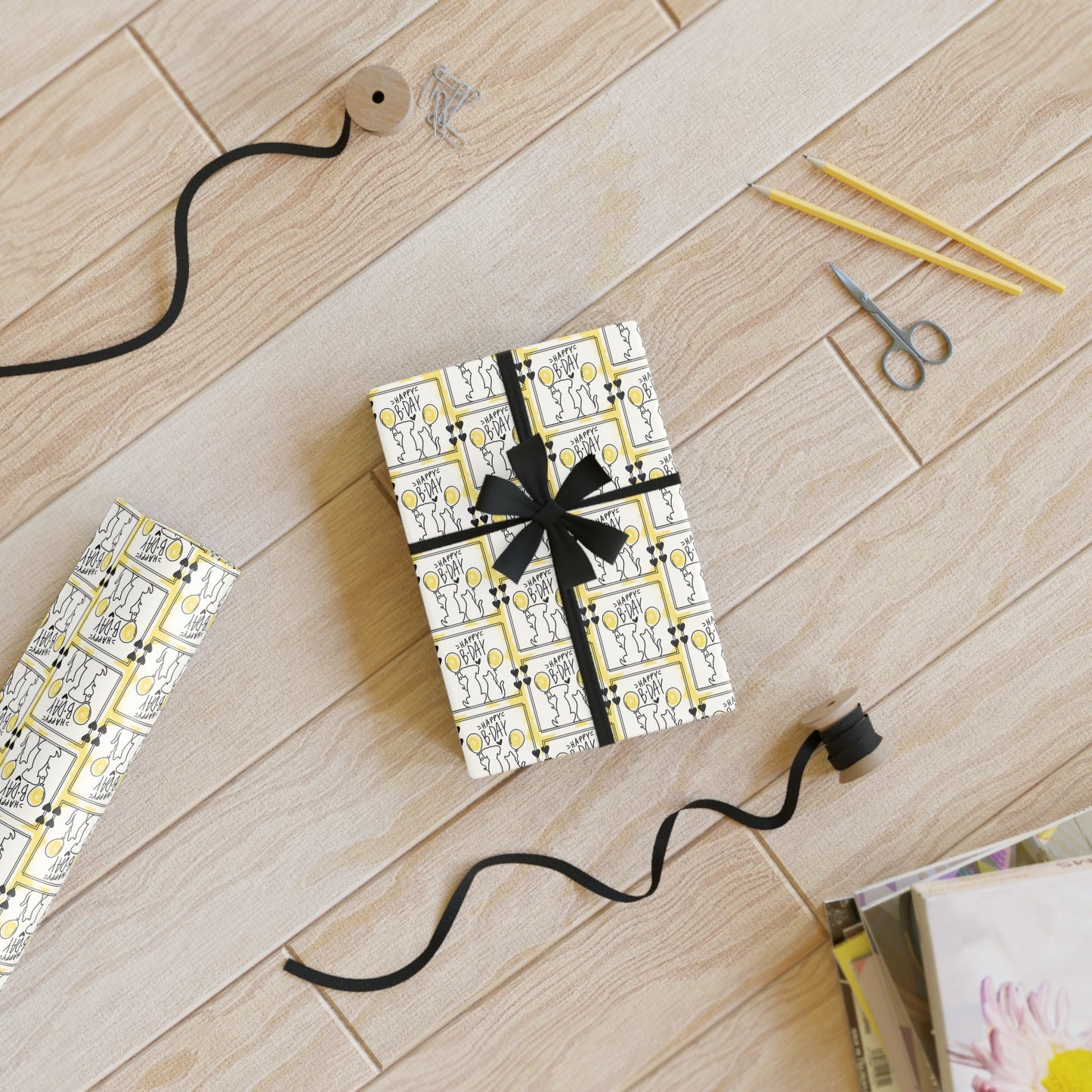 Dog Cat Birthday Wrapping Paper Rolls in Black & Yellow, 1pc
