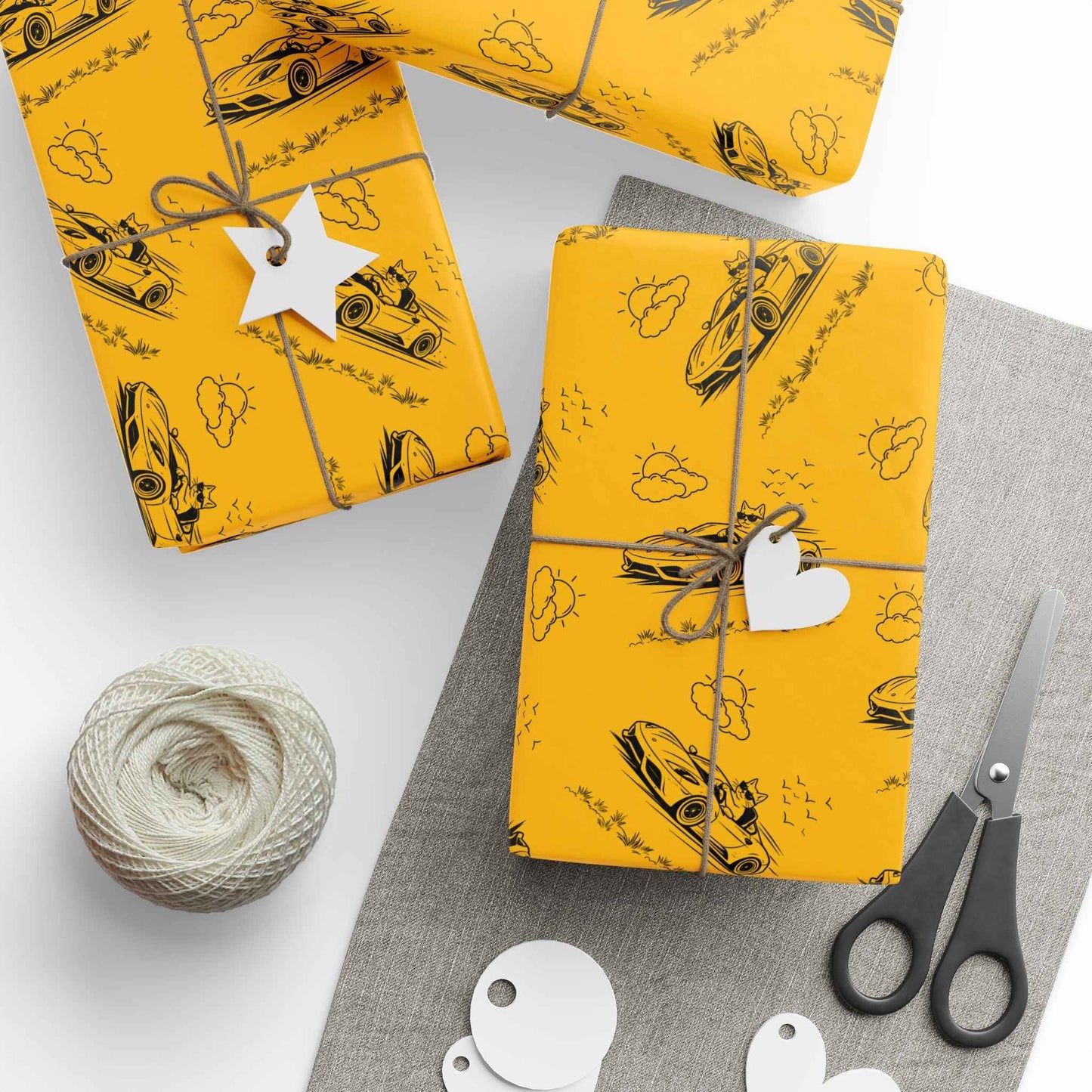 Zoomies Road Trip Cat Wrapping Paper – Golden Sketch Gift Wrap with Racing Cat Design