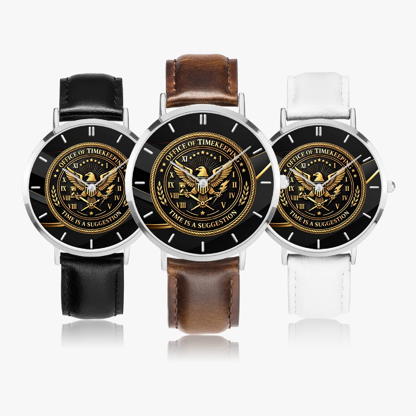 Office of Timekeeping Leather Strap Watch – “Time Is A Suggestion” Emblem – Unisex Gold & Black Dial