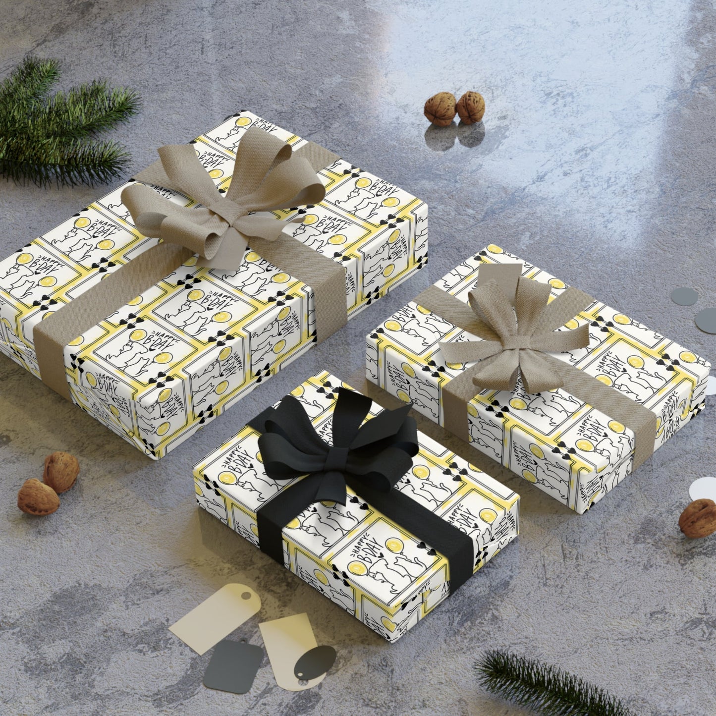 Dog Cat Birthday Wrapping Paper Rolls in Black & Yellow, 1pc