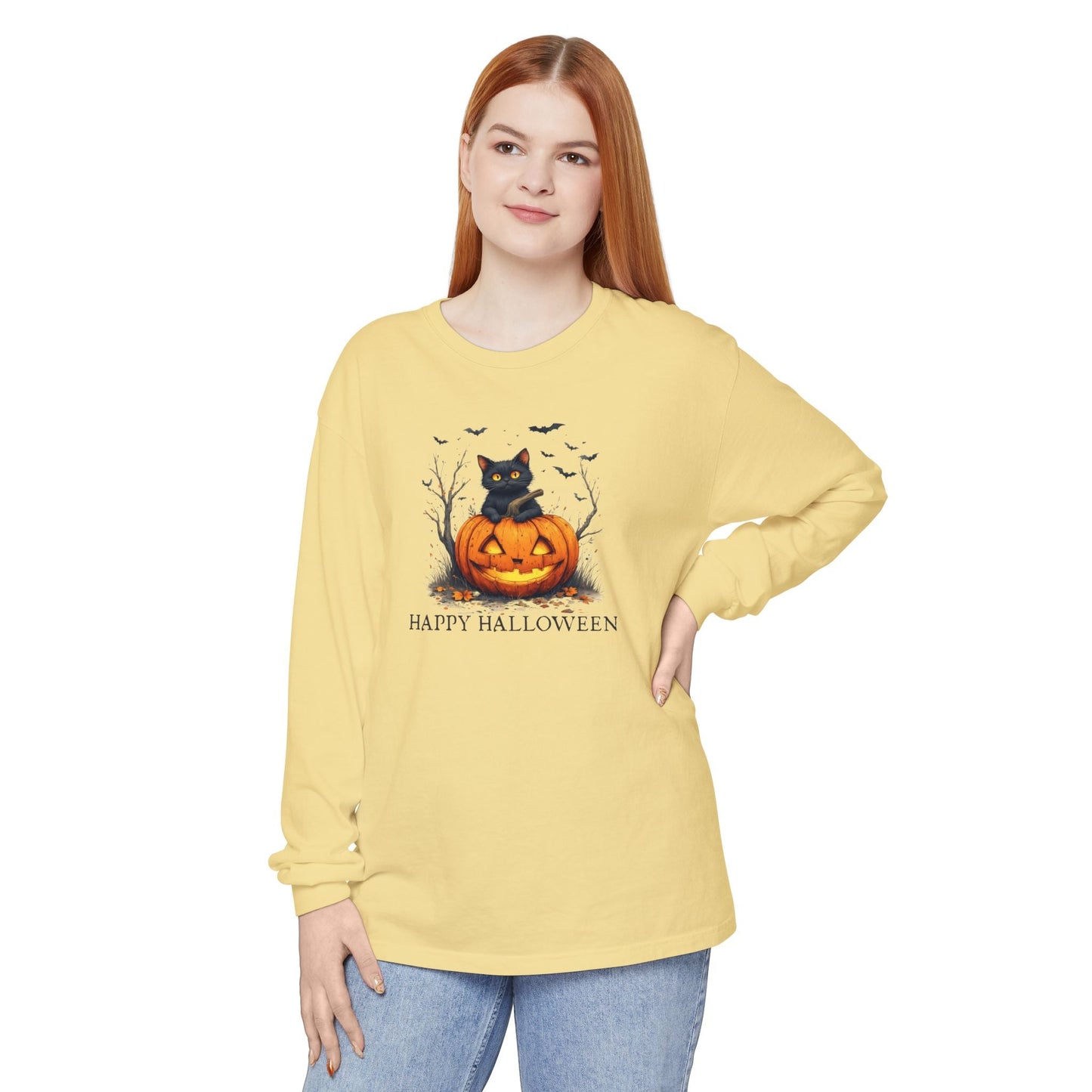 Happy Halloween Cat Long Sleeve Tee for Festive Cat Lovers