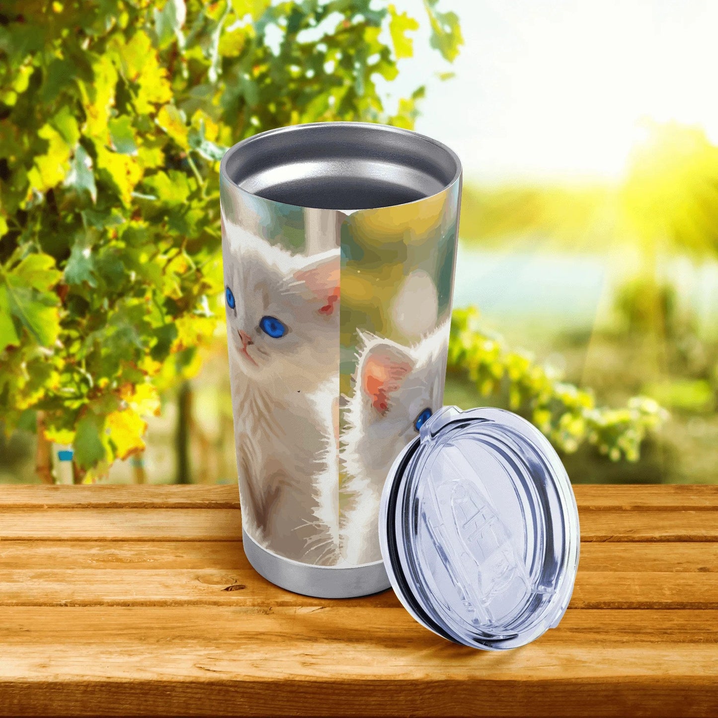 Cute White Kittens with Blue Eyes Stainless Steel 20oz Car Tumbler (Made in USA )