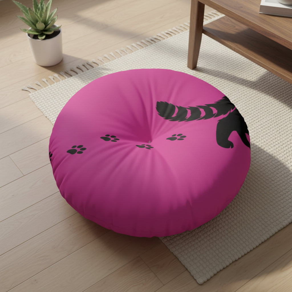 Midnight Cat Walk Round Floor Pillow – Hot Pink Paw Print Cushion (26" or 30")