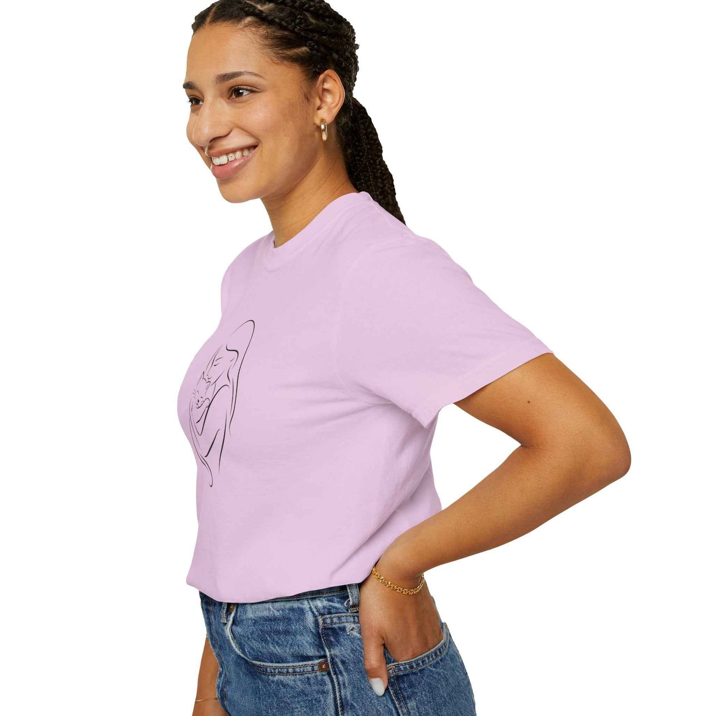 Mother & Cat Embrace T-Shirt | Minimal Line Art Cat Mom Shirt