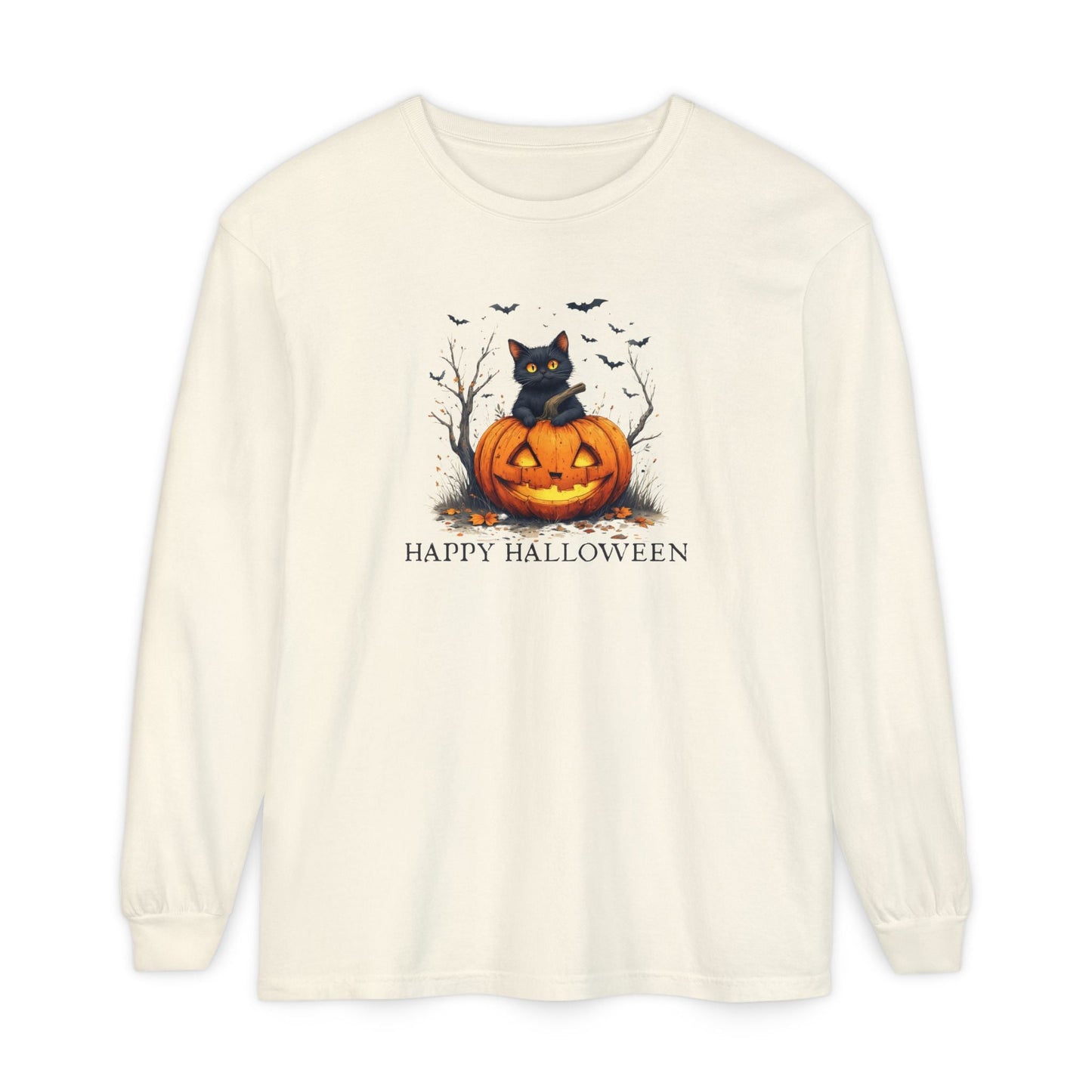 Happy Halloween Cat Long Sleeve Tee for Festive Cat Lovers