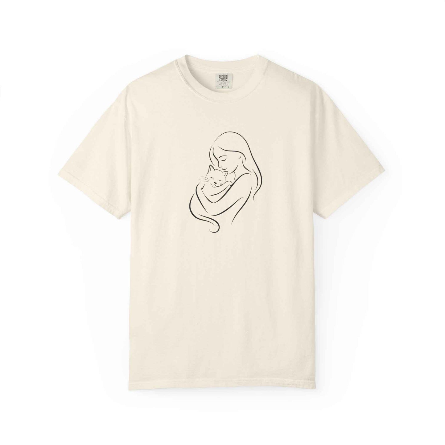 Mother & Cat Embrace T-Shirt | Minimal Line Art Cat Mom Shirt