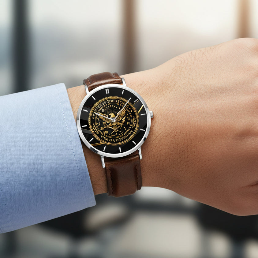 Office of Timekeeping Leather Strap Watch – “Time Is A Suggestion” Emblem – Unisex Gold & Black Dial