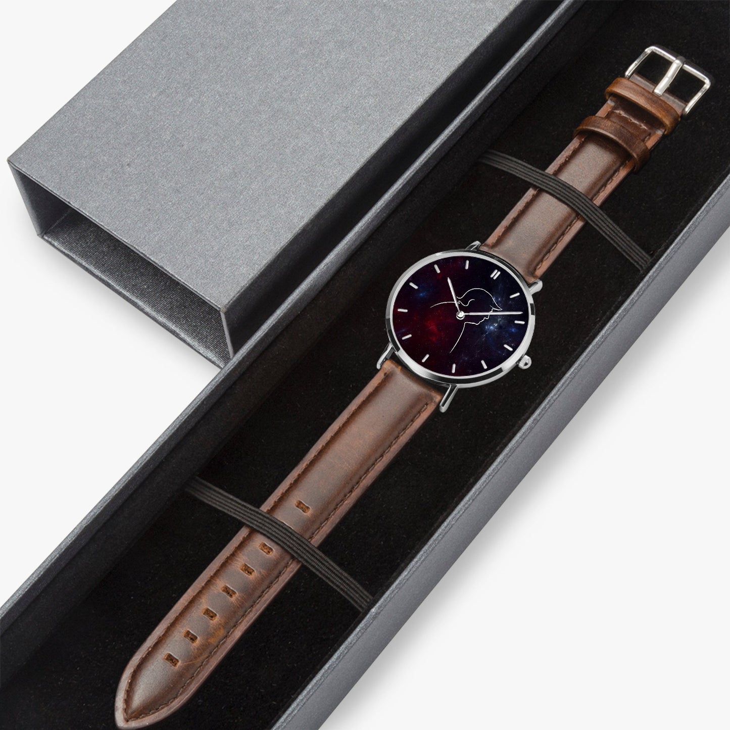 Cosmic Profile Watch – Galaxy Line Art Unisex Leather Band Timepiece