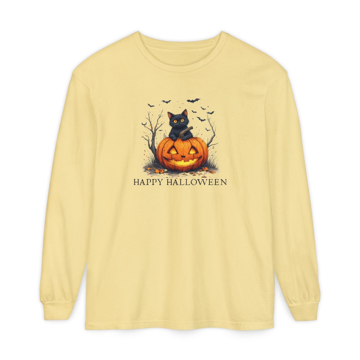 Happy Halloween Cat Long Sleeve Tee for Festive Cat Lovers